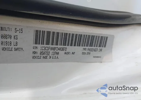 2015 Dodge Dart Se z USA, uszkodzony, nr VIN 1C3CDFAA8FD403872